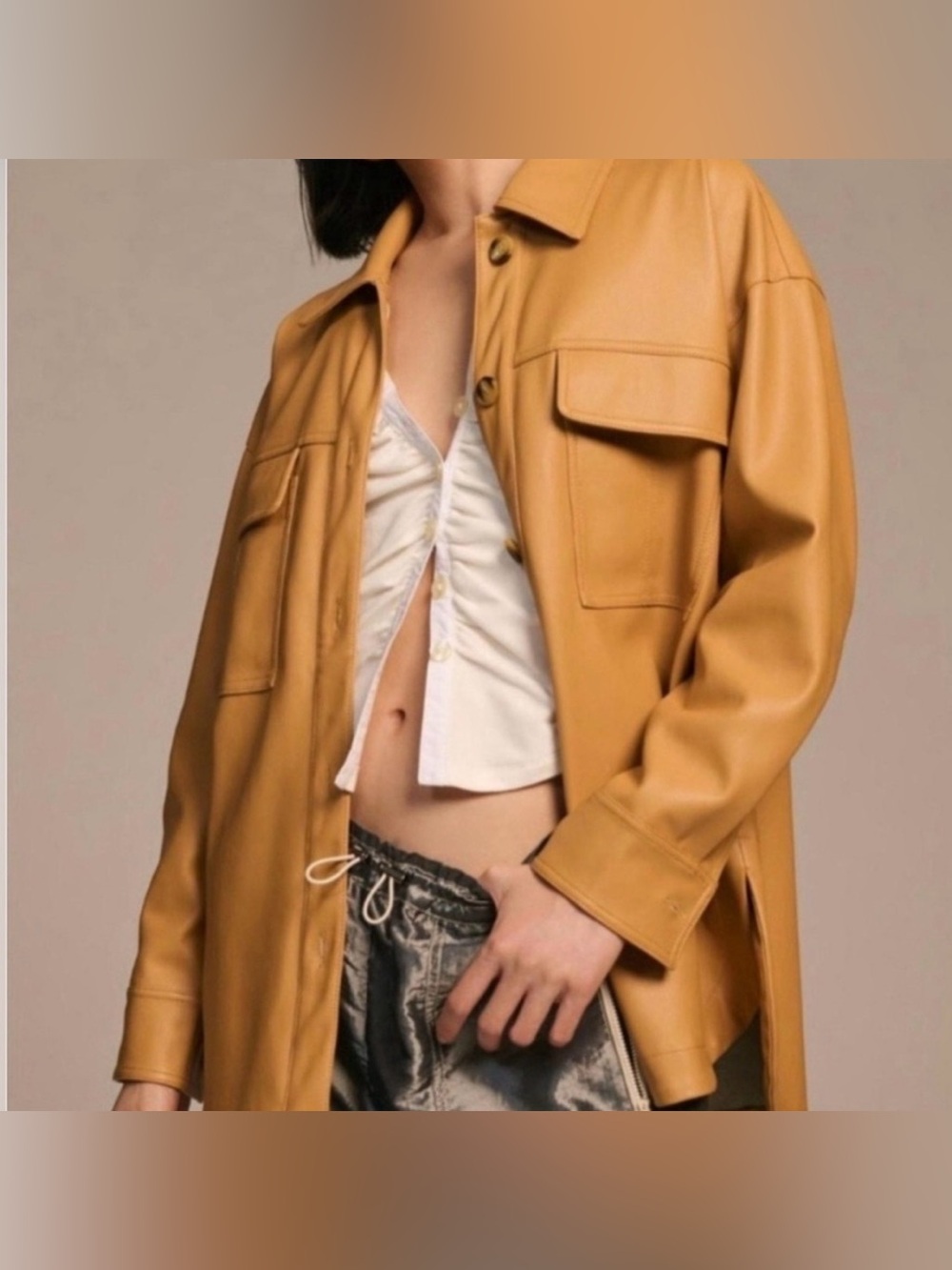 Maeve Anthropologie Faux Leather Shacket Jacket Camel Tan Oversized Large